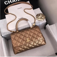 AAAAA Discount Chanel original Caviar leather flap bag top handle A92290 bronze&Gold-Tone Metal