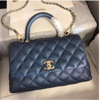 Discount Chanel original Caviar leather flap bag top handle A92290 blue &gold-Tone Metal