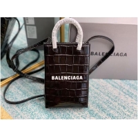 Best Price Balenciaga Original shiny crocodile embossed leather Mini Shopper Bag B152865 black