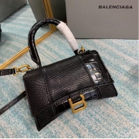 Super Quality Balenciaga Hourglass XS Top Handle Bag shiny crocodile embossed calfskin B108892E black