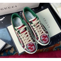 Unique Grade Gucci Tennis 1977 Low-Top Sneakers in Houndstooth and Stripe Wool 012571 Green/Red