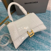Most Popular Balenciaga HOURGLASS SMALL TOP HANDLE BAG crocodile embossed calfskin B108895E white