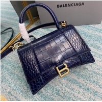 Best Quality Balenciaga HOURGLASS SMALL TOP HANDLE BAG crocodile embossed calfskin B108895E dark blue