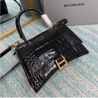 Buy Fashionable Balenciaga HOURGLASS SMALL TOP HANDLE BAG crocodile embossed calfskin B108895E black
