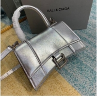Luxury Cheap Balenciaga Hourglass XS Top Handle Bag shiny box calfskin 28331 silver