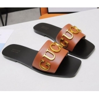 Discount Gucci Gold Signature Calfskin Slide Sandals 032933 Brown 2021