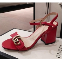 Top Grade Gucci Leather GG Strap Mid-heel Sandals 040957 Red