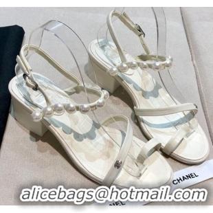 Low Cost Chanel Lambskin Pearl Sandals G37272 White 2021