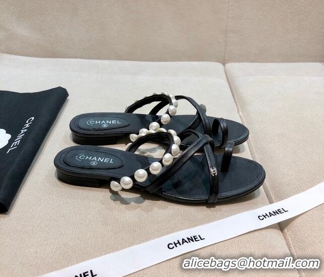 Best Price Chanel Lambskin Pearl Flat Slide Sandals G37274 Black 2021