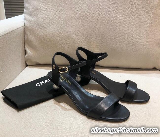 Shop Chanel Calfskin Pearl Heel Sandals 050609 Black 2021