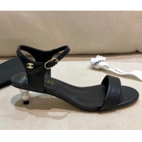 Shop Chanel Calfskin Pearl Heel Sandals 050609 Black 2021