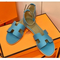 Best Price Hermes Santorini Sandal in Grainy Epsom Calfskin 331091 Blue 2021