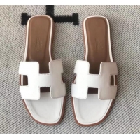 Good Product Hermes Oran H Flat Slipper Sandals in Smooth Calfskin 040266 White 2021
