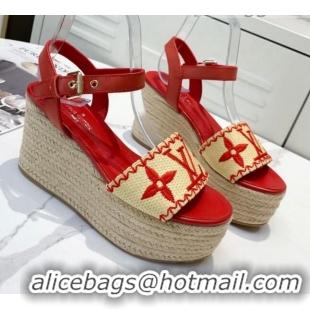 Shop Duplicate Louis Vuitton Boundary Raffia Wedge Sandals 050639 Red 2021