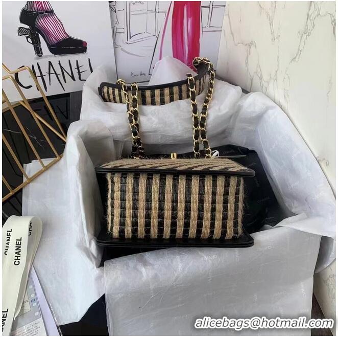 Best Price Chanel Drawstring Bag Raffia Jute Thread & Gold-Tone Metal Black & Beige AS2421