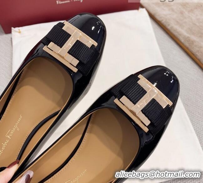 New Style Salvatore Ferragamo Patent Leather Bow Flat Ballerinas 051241 Black 2021