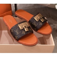 Best Grade Louis Vuitton Lock It Flat Slide Sandals with Lock Charm Monogram Canvas 051065