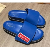 Low Cost Louis Vuitton Leather LV Sunset Flat Comfort Slide Sandals 061254 Blue