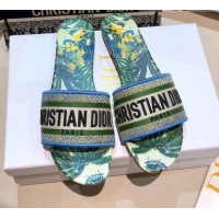 Good Product Dior Dway Flat Slide Sandals in Green Embroidered Cotton 050805