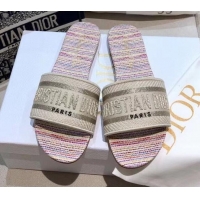 Best Price Dior Dway Flat Slide Sandals in Multicolor Stripes Embroidered Cotton 050808
