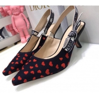 Top Design Dior J'Adior Slingback Pumps 6.5cm in Navy Blue and Red Hearts I Love Paris Embroidered Cotton 061123