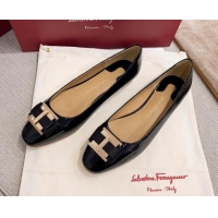 New Style Salvatore Ferragamo Patent Leather Bow Flat Ballerinas 051241 Black 2021