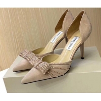 Best Quality Jimmy Choo Crystal Bow Mid-Heel Pumps 121827 Apricot