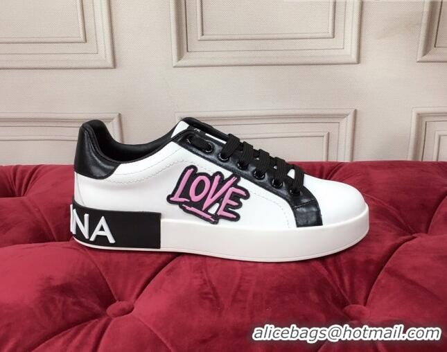 Super Quality Dolce & Gabbana PORTOFINO Sneakers In Calfskin With Patch Amore/White 061632