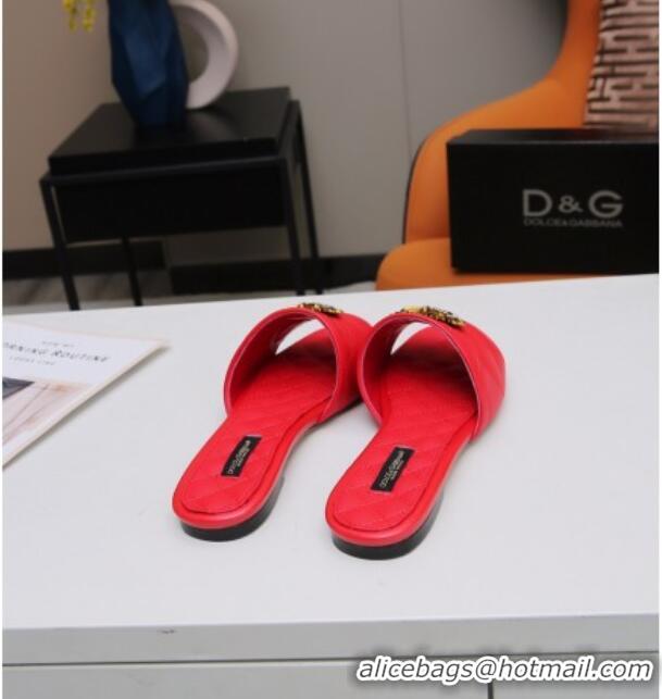 Top Quality Dolce&Gabbana DG Charm Calfskin Flat Slide Sandals 033079 Red 2021