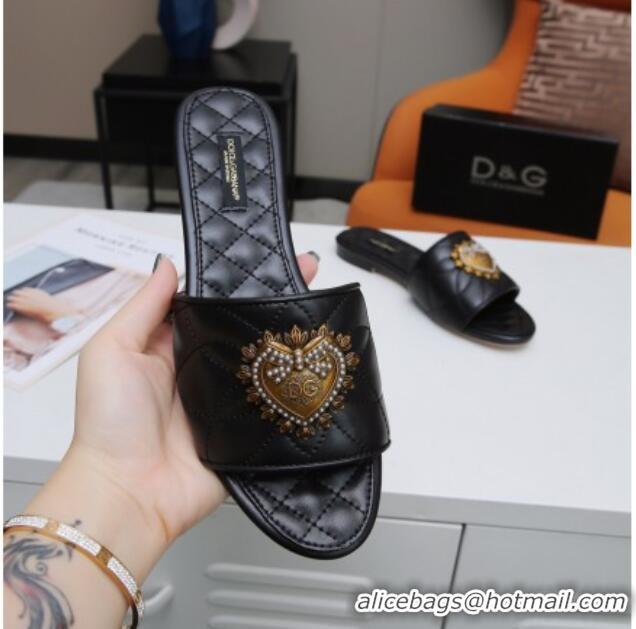 Super Quality Dolce&Gabbana DG Charm Calfskin Flat Slide Sandals 033079 Black 2021