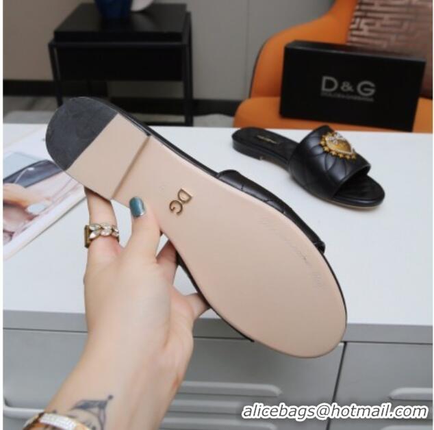 Super Quality Dolce&Gabbana DG Charm Calfskin Flat Slide Sandals 033079 Black 2021