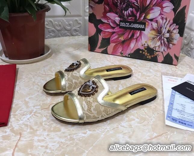 Top Quality Dolce&Gabbana DG Lace Flat Slide Sandals 033169 Beige 2021
