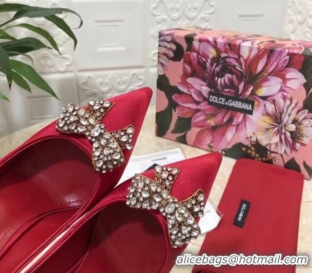 Cute Dolce&Gabbana DG Silk Crystal Bow Pumps 10.5cm 060842 Red 2021