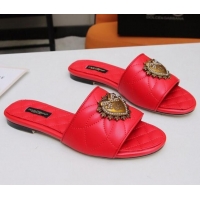 Top Quality Dolce&Gabbana DG Charm Calfskin Flat Slide Sandals 033079 Red 2021