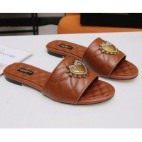 Cute Dolce&Gabbana DG Charm Calfskin Flat Slide Sandals 033079 Brown 2021