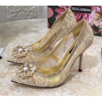 Perfect Dolce&Gabbana DG Lace Crystal High- Heel Pumps 10.5cm 033181 Beige 2021