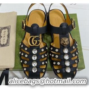 Top Quality Gucci Crystal Stud Flat Sandals 061166 Black 2021