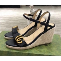 Top Quality Gucci GG Lambskin Wedge Sandals 050721 Black/Gold