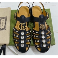 Top Quality Gucci Crystal Stud Flat Sandals 061166 Black 2021