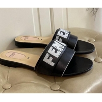 Top Quality Fendi Lambskin Logo Print Flat Slide Sandals 070813 Black 2021