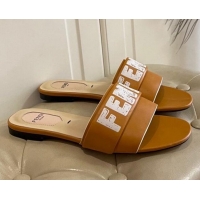 Popular Fendi Lambskin Logo Print Flat Slide Sandals 070813 Brown 2021