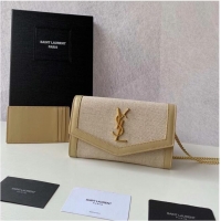 Well Crafted Yves Saint Laurent UPTOWN CHAIN WALLET IN MICRO RAFFIA Y622055 NATURAL BEIGE