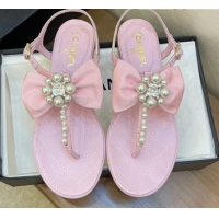 Cute Chanel Lambskin Flat Thong Sandals with Pearl Bow 060912 Pink 2021