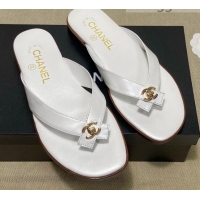 Top Design Chanel Lambskin Flat Thong Slide Sandal 70923 White