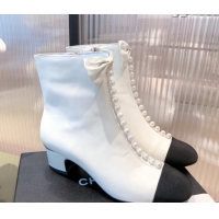 Low Price Chanel Shiny Calfskin Short Ankle Boots with Pearl and Bow G37206 White 2021