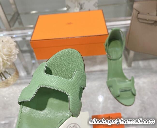 Luxury Discount Hermes Premiere Grained Leather Heel 9cm Sandals 070224 Green