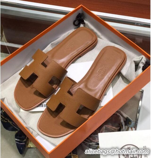 Cute Hermes Santorini Epsom Calfskin Classic H Flat Slide Sandals 070533 Brown