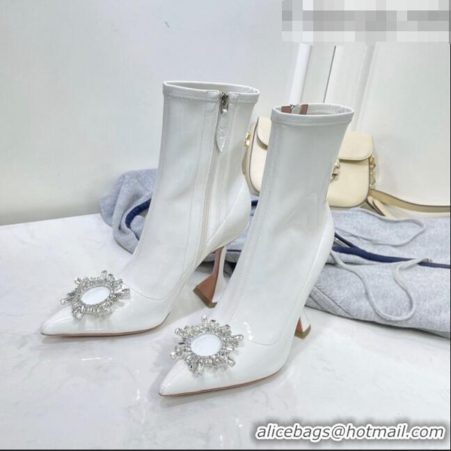 Famous Brand Amina Muaddi Patent Leather Short Boots with Crystal Buckle AM2317 White 2021