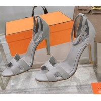 Top Quality Hermes Premiere Grained Leather Heel 10.5cm Sandals 070211 Elephant Grey