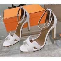 Low Price Hermes Premiere Grained Leather Heel 10.5cm Sandals 070211 White